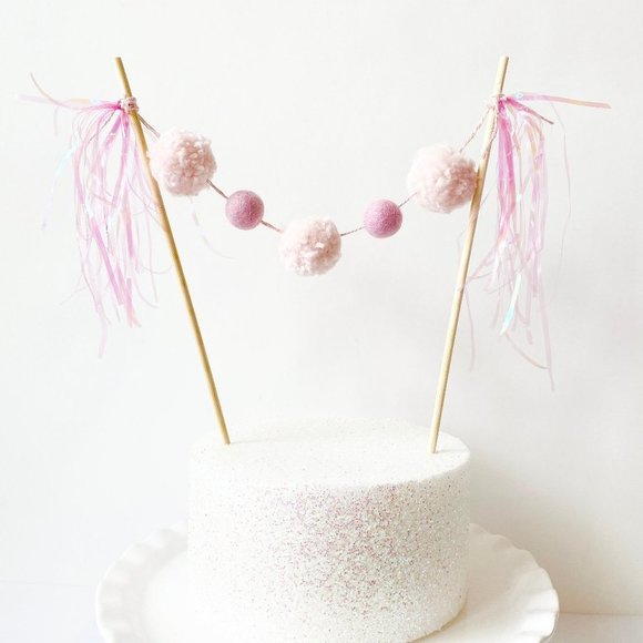 Pastel Pink Pom Pom Felt Ball Cake Topper, Birthday Cake Topper for Girls Decor - Picture 1 of 5